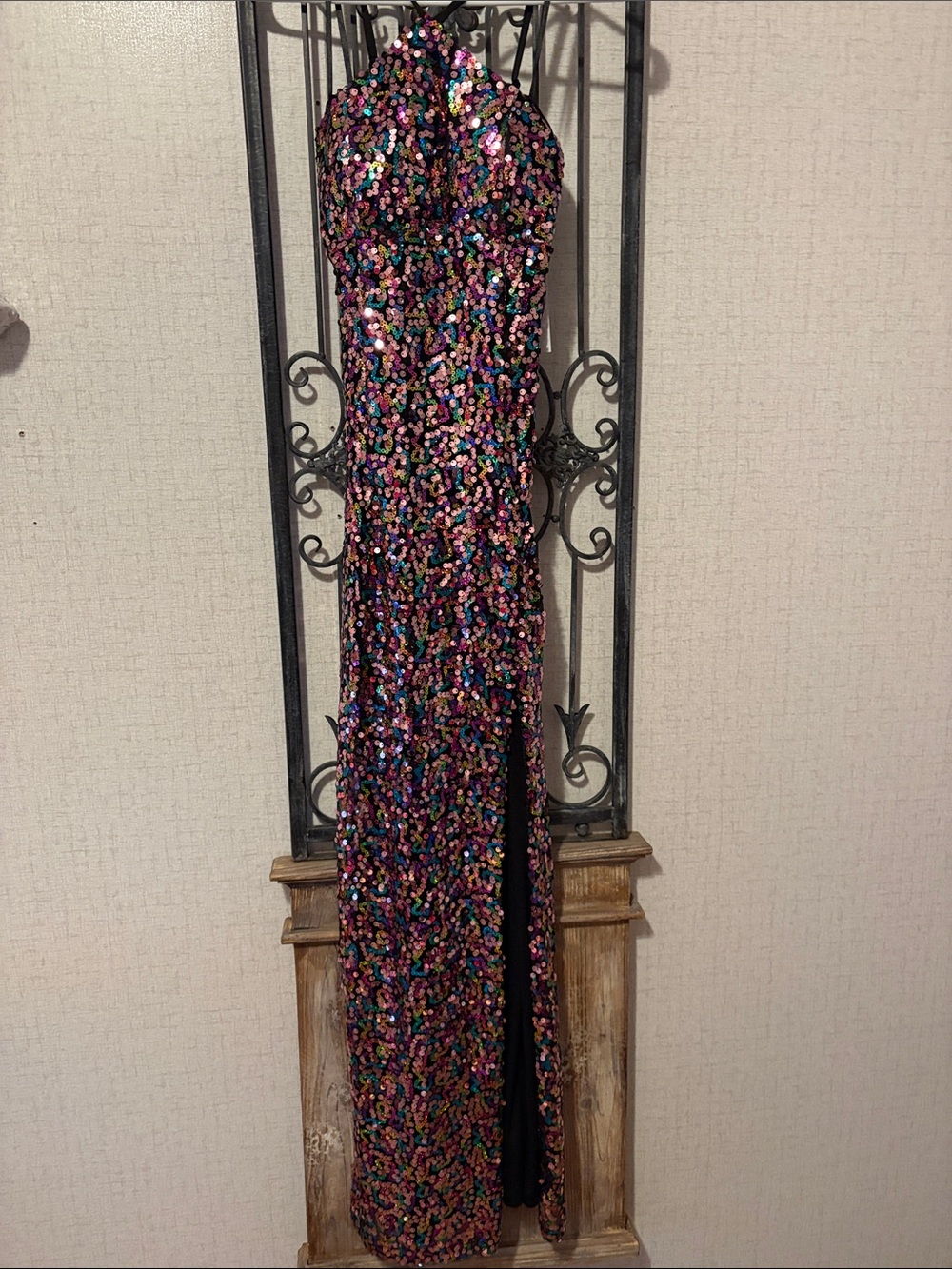 Multicolor Sequin Strapless Prom Dress with Front Slit